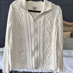 High Sierra Chunky Cable Knit Zip Sweater Cream Ivory Bobble Detail Size M